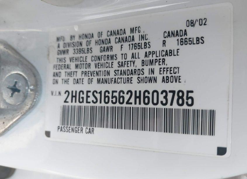 Photo 9 of 2002 Honda Civic LX (VIN 2HGES16562H603785)