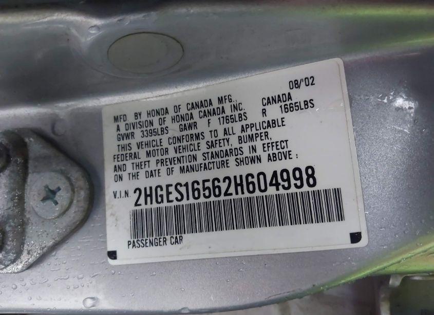 Photo 9 of 2002 Honda Civic LX (VIN 2HGES16562H604998)