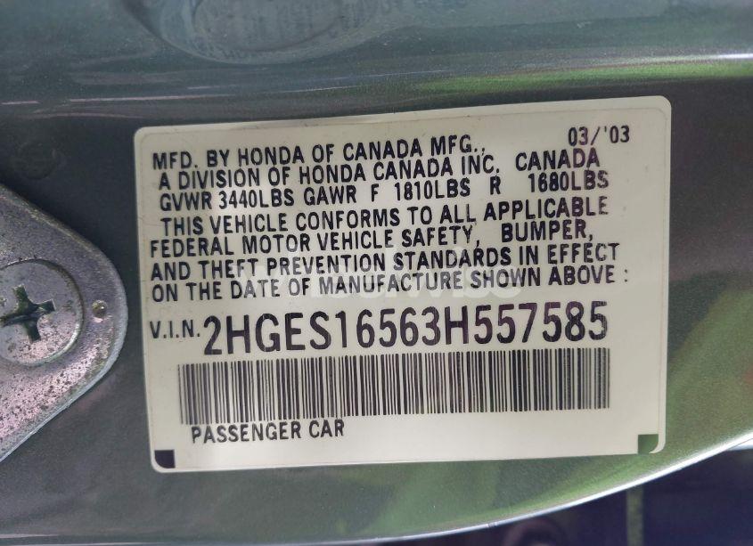 Photo 9 of 2003 Honda Civic LX (VIN 2HGES16563H557585)