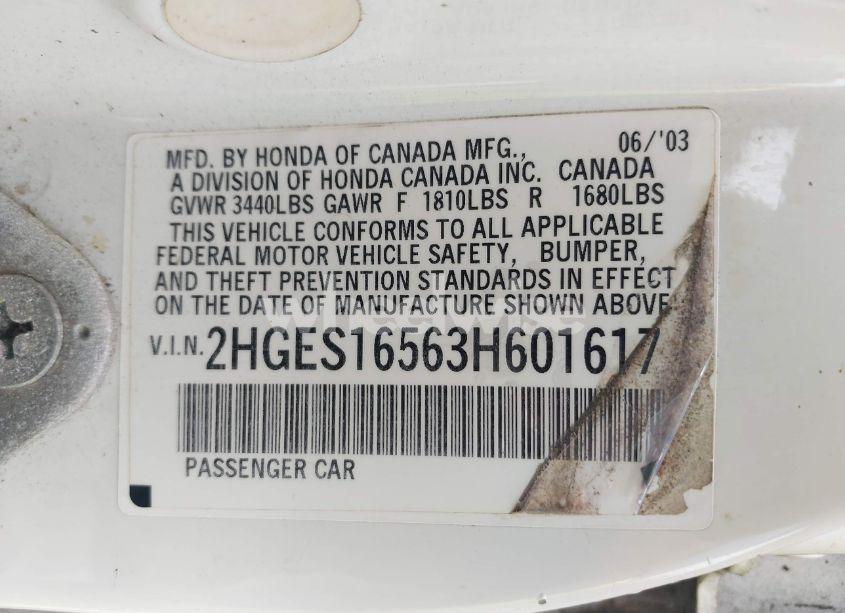 Photo 9 of 2003 Honda Civic LX (VIN 2HGES16563H601617)