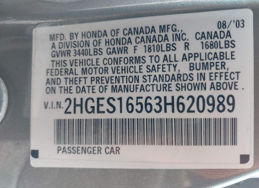 Photo 9 of 2003 Honda Civic LX (VIN 2HGES16563H620989)