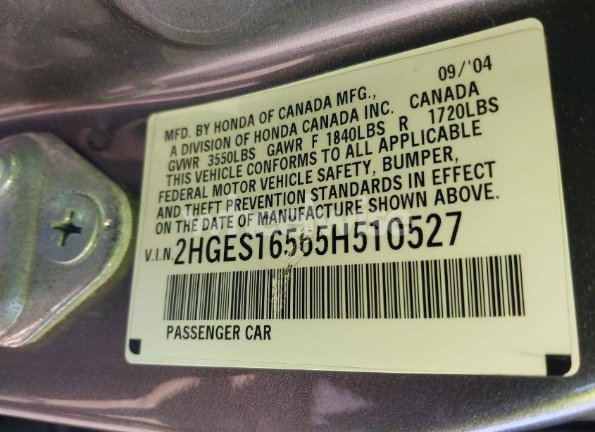 Photo 9 of 2005 Honda Civic LX (VIN 2HGES16565H510527)