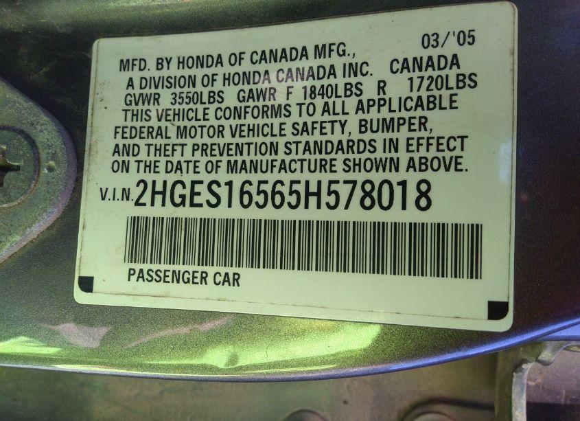 Photo 9 of 2005 Honda Civic LX (VIN 2HGES16565H578018)