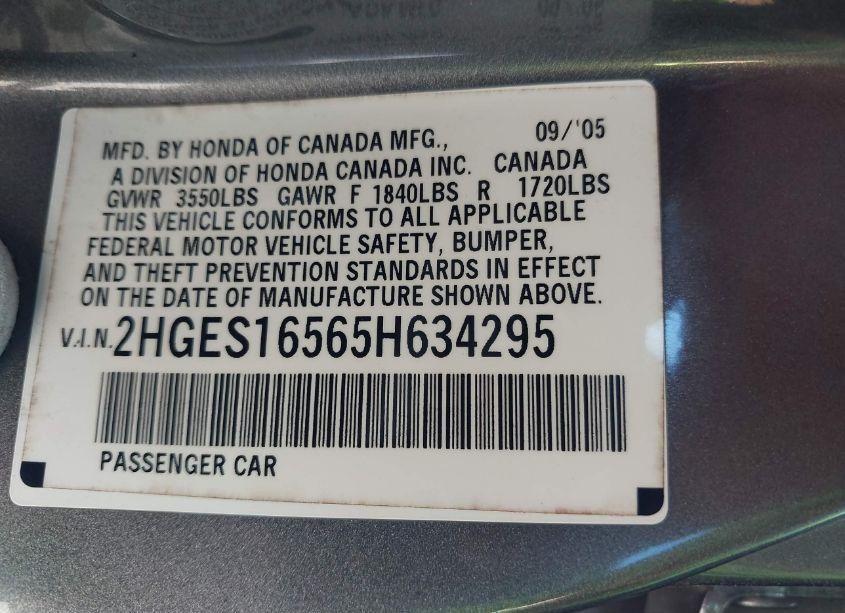 Photo 9 of 2005 Honda Civic LX (VIN 2HGES16565H634295)