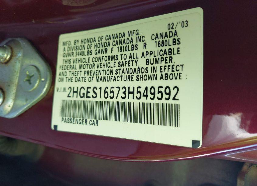 Photo 9 of 2003 Honda Civic LX (VIN 2HGES16573H549592)