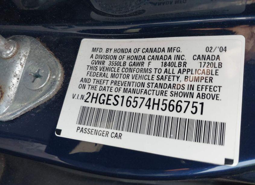 Photo 9 of 2004 Honda Civic LX (VIN 2HGES16574H566751)