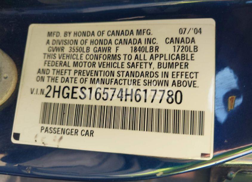 Photo 9 of 2004 Honda Civic LX (VIN 2HGES16574H617780)