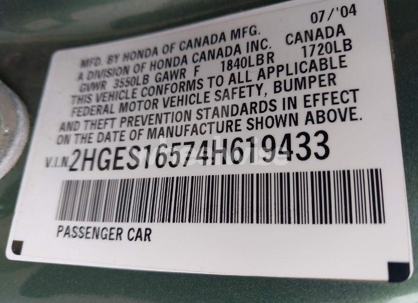 Photo 9 of 2004 Honda Civic LX (VIN 2HGES16574H619433)