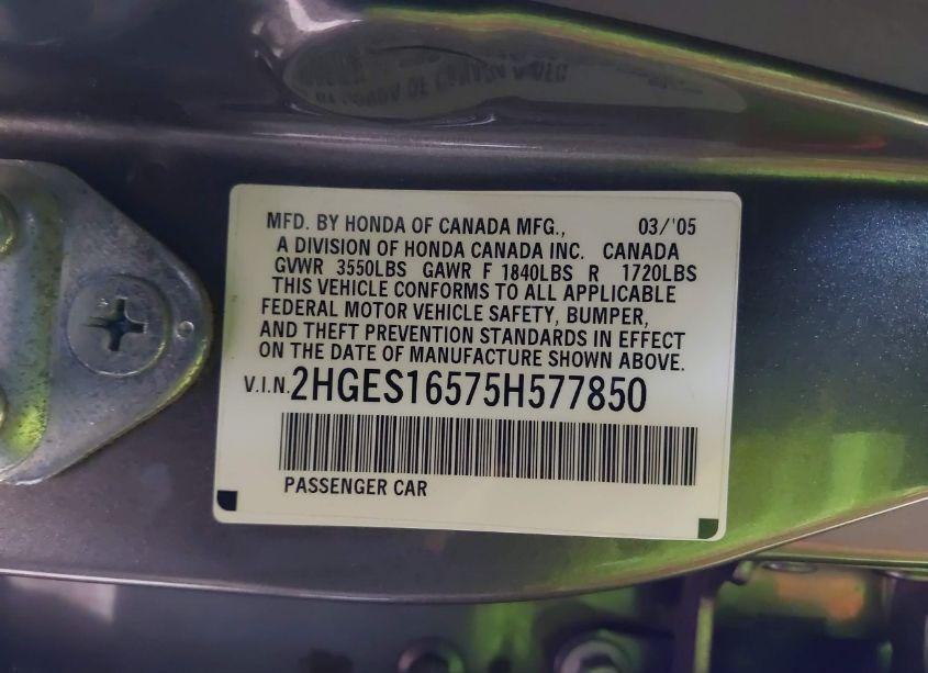 Photo 9 of 2005 Honda Civic LX (VIN 2HGES16575H577850)