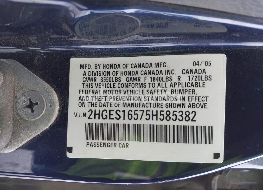 Photo 9 of 2005 Honda Civic LX (VIN 2HGES16575H585382)