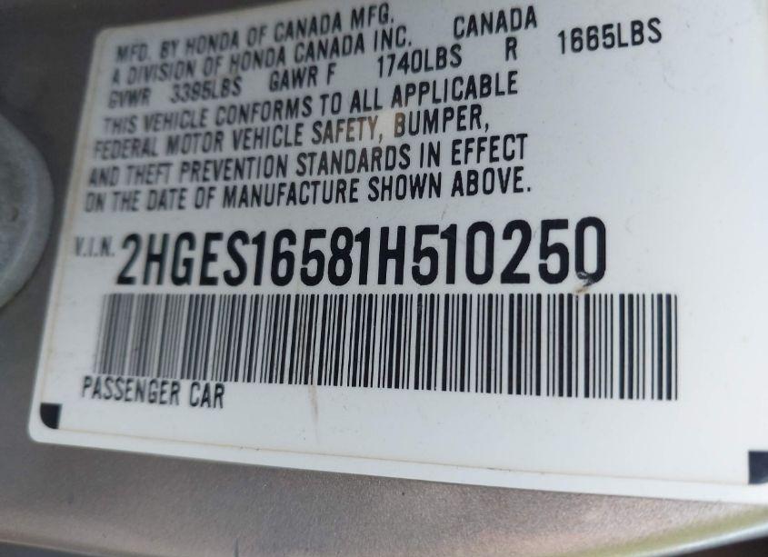 Photo 9 of 2001 Honda Civic LX (VIN 2HGES16581H510250)