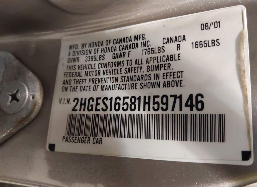 Photo 9 of 2001 Honda Civic LX (VIN 2HGES16581H597146)