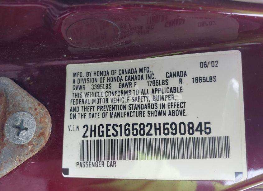 Photo 9 of 2002 Honda Civic LX (VIN 2HGES16582H590845)