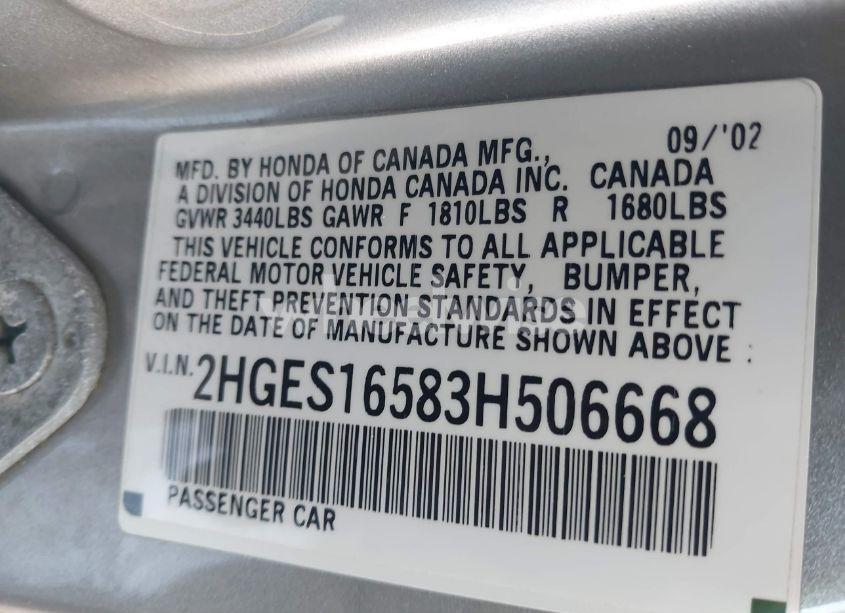 Photo 9 of 2003 Honda Civic LX (VIN 2HGES16583H506668)