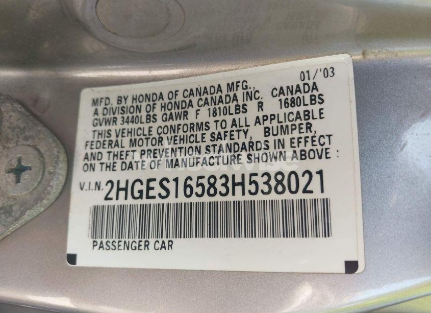 Photo 9 of 2003 Honda Civic LX (VIN 2HGES16583H538021)