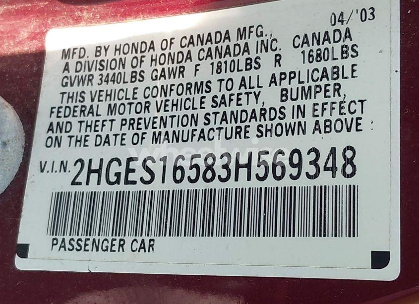 Photo 9 of 2003 Honda Civic LX (VIN 2HGES16583H569348)