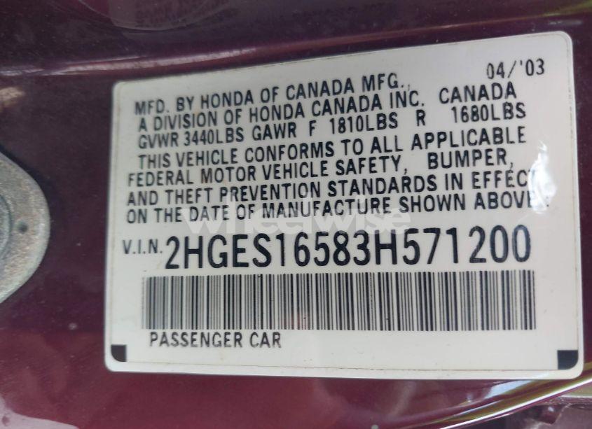 Photo 9 of 2003 Honda Civic LX (VIN 2HGES16583H571200)