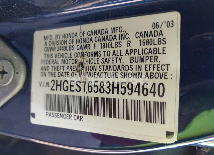 Photo 9 of 2003 Honda Civic LX (VIN 2HGES16583H594640)