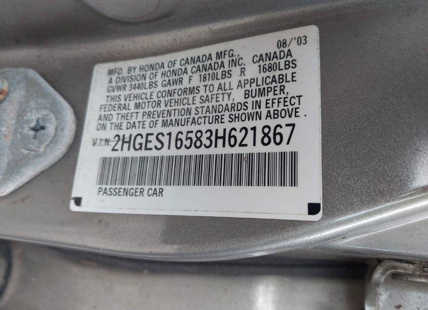 Photo 9 of 2003 Honda Civic LX (VIN 2HGES16583H621867)