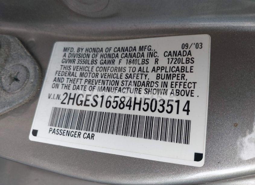 Photo 9 of 2004 Honda Civic LX (VIN 2HGES16584H503514)