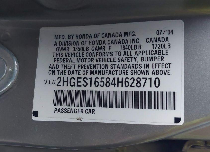 Photo 9 of 2004 Honda Civic LX (VIN 2HGES16584H628710)