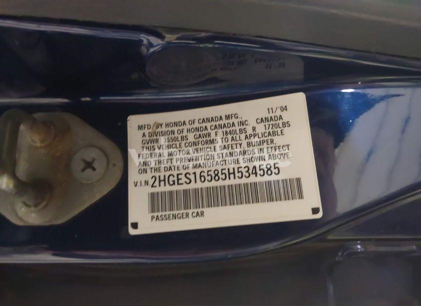 Photo 9 of 2005 Honda Civic LX (VIN 2HGES16585H534585)