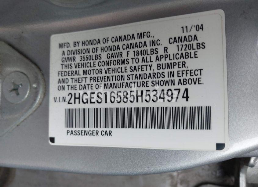 Photo 9 of 2005 Honda Civic LX (VIN 2HGES16585H534974)