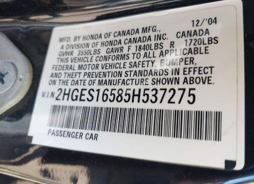 Photo 9 of 2005 Honda Civic LX (VIN 2HGES16585H537275)