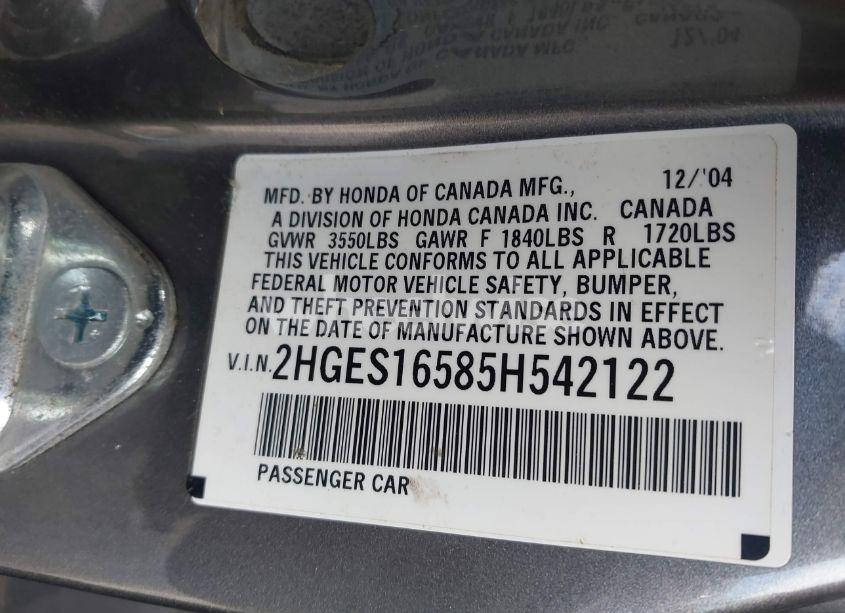 Photo 9 of 2005 Honda Civic LX (VIN 2HGES16585H542122)