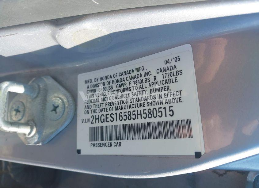 Photo 9 of 2005 Honda Civic LX (VIN 2HGES16585H580515)