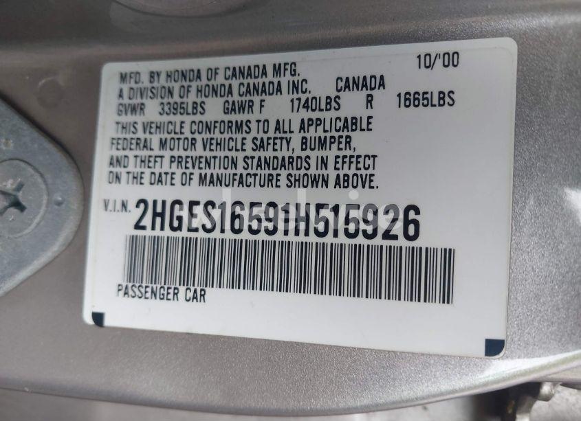 Photo 9 of 2001 Honda Civic LX (VIN 2HGES16591H515926)