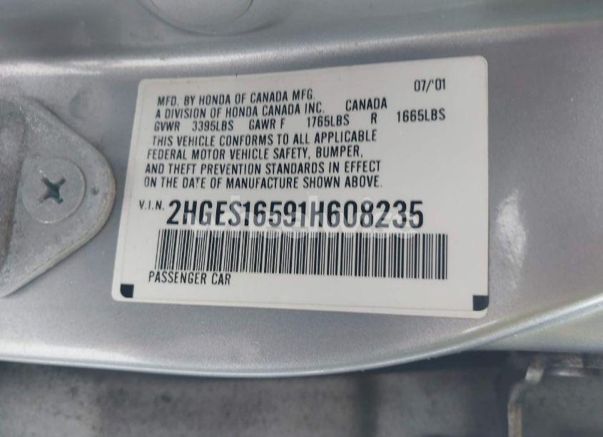 Photo 9 of 2001 Honda Civic LX (VIN 2HGES16591H608235)