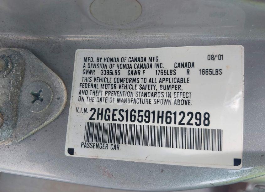 Photo 9 of 2001 Honda Civic LX (VIN 2HGES16591H612298)