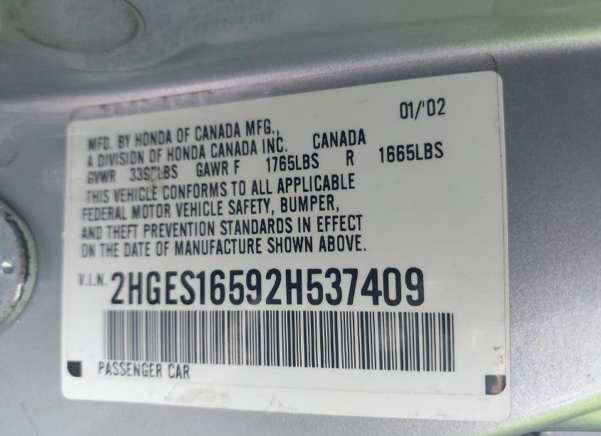 Photo 9 of 2002 Honda Civic LX (VIN 2HGES16592H537409)