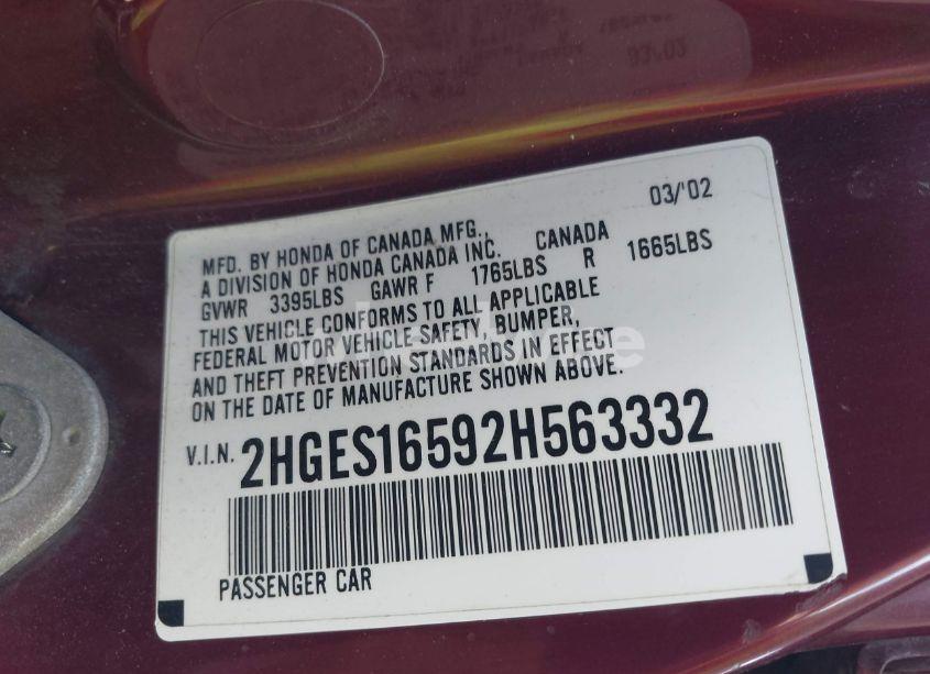 Photo 9 of 2002 Honda Civic LX (VIN 2HGES16592H563332)