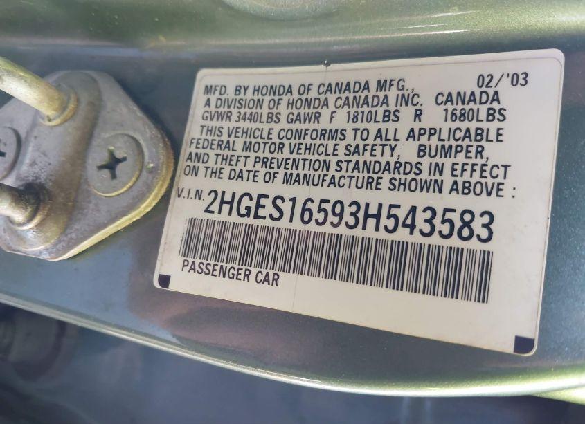 Photo 9 of 2003 Honda Civic LX (VIN 2HGES16593H543583)