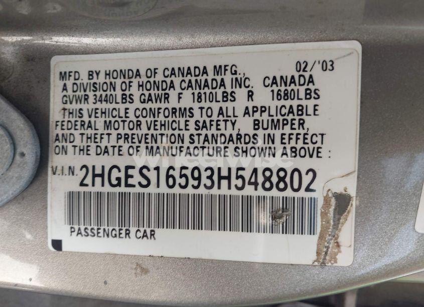 Photo 9 of 2003 Honda Civic LX (VIN 2HGES16593H548802)