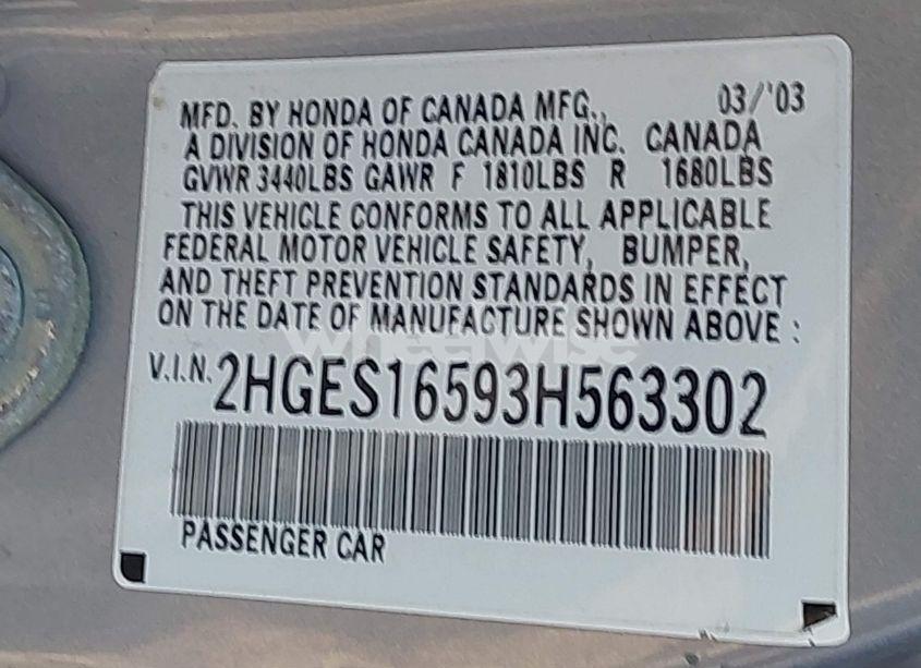 Photo 9 of 2003 Honda Civic LX (VIN 2HGES16593H563302)