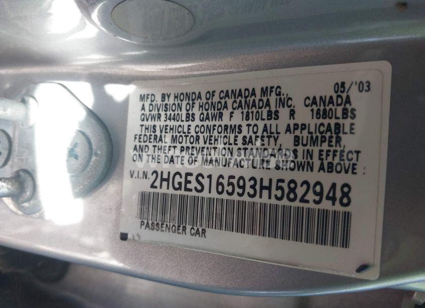 Photo 9 of 2003 Honda Civic LX (VIN 2HGES16593H582948)