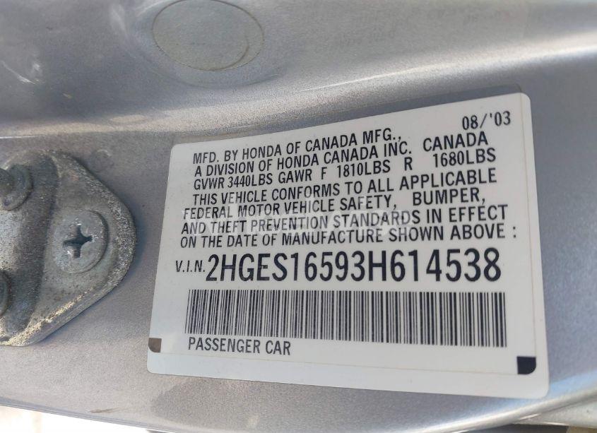 Photo 9 of 2003 Honda Civic LX (VIN 2HGES16593H614538)