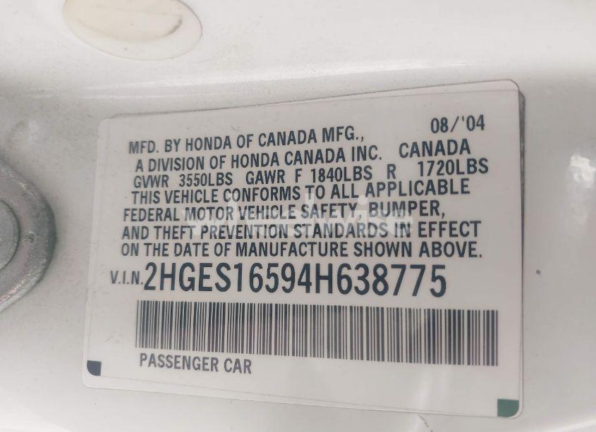 Photo 9 of 2004 Honda Civic LX (VIN 2HGES16594H638775)