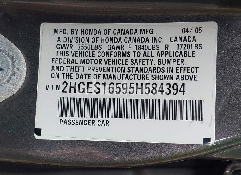 Photo 9 of 2005 Honda Civic LX (VIN 2HGES16595H584394)