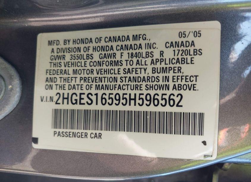 Photo 9 of 2005 Honda Civic LX (VIN 2HGES16595H596562)