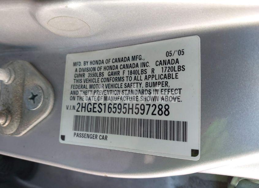 Photo 9 of 2005 Honda Civic LX (VIN 2HGES16595H597288)