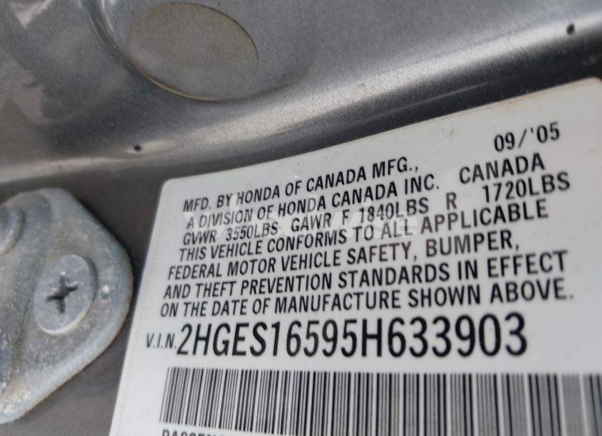 Photo 9 of 2005 Honda Civic LX (VIN 2HGES16595H633903)