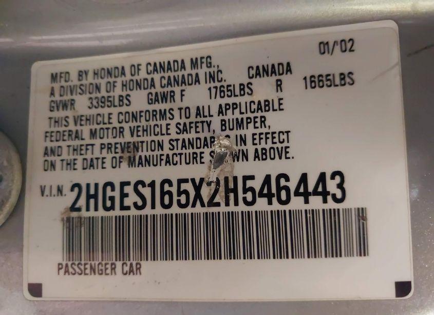 Photo 9 of 2002 Honda Civic LX (VIN 2HGES165X2H546443)