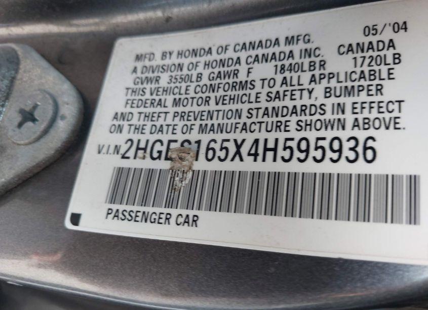 Photo 9 of 2004 Honda Civic LX (VIN 2HGES165X4H595936)