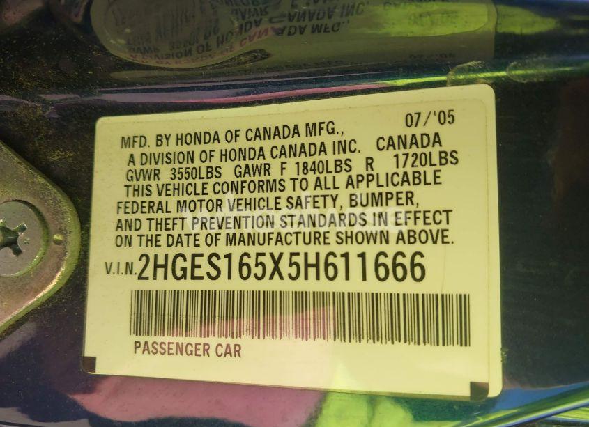 Photo 9 of 2005 Honda Civic LX (VIN 2HGES165X5H611666)