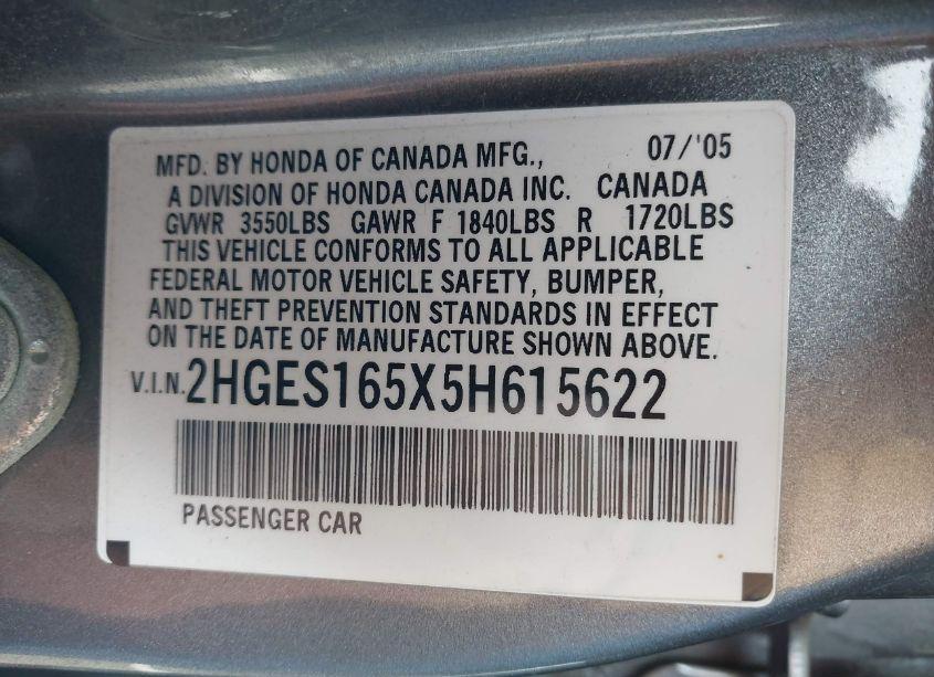 Photo 9 of 2005 Honda Civic LX (VIN 2HGES165X5H615622)