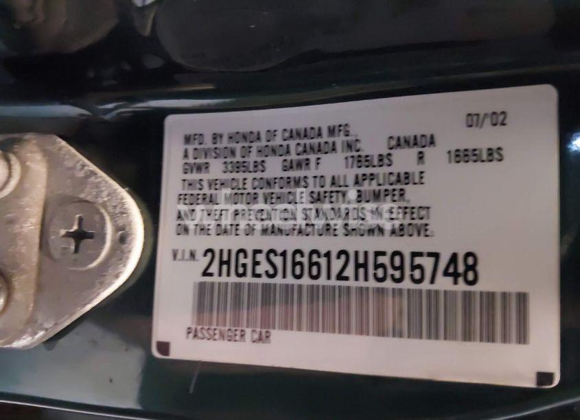 Photo 9 of 2002 Honda Civic LX (VIN 2HGES16612H595748)